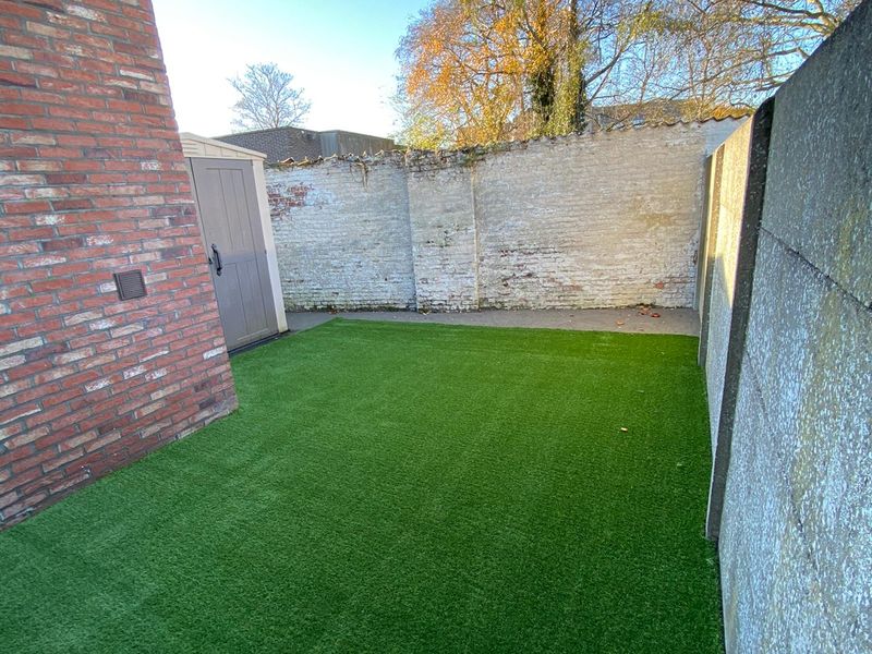 Ommuurde achtertuin in Beveren-Waas met kunstgras, van muur tot muur