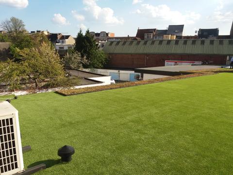 Toiture-terrasse avec gazon artificiel et vue sur les toits de Bruxelles