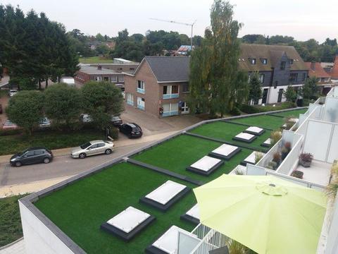 Toiture-terrasse avec gazon artificiel, parasols et espaces salon, à Anvers