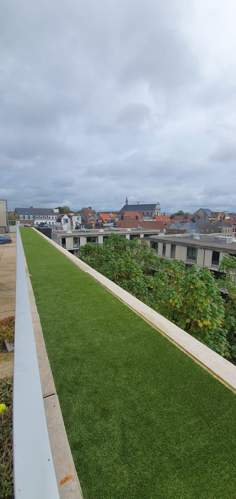 Smalle strook kunstgras op een dakterras in Gent, met zicht over de daken van de stad