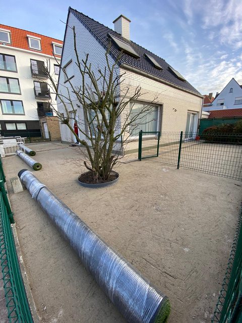 Tuin in Heist met de rollen kunstgras klaar op de geëffende fundering, rond een oude boom