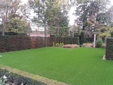 Afgewerkte achtertuin met kunstgras, taxushagen en grindterras in Heule