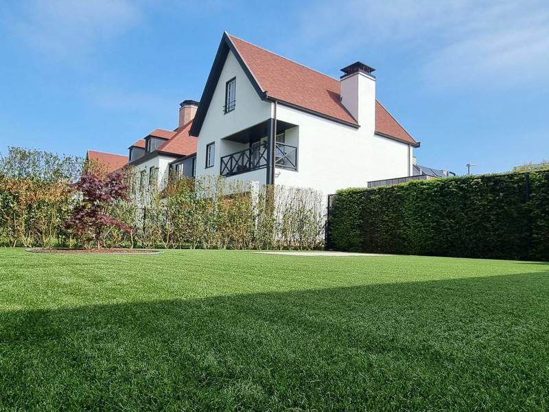 Ruim kunstgrasgazon met haag bij een witte villa in Knokke-Heist