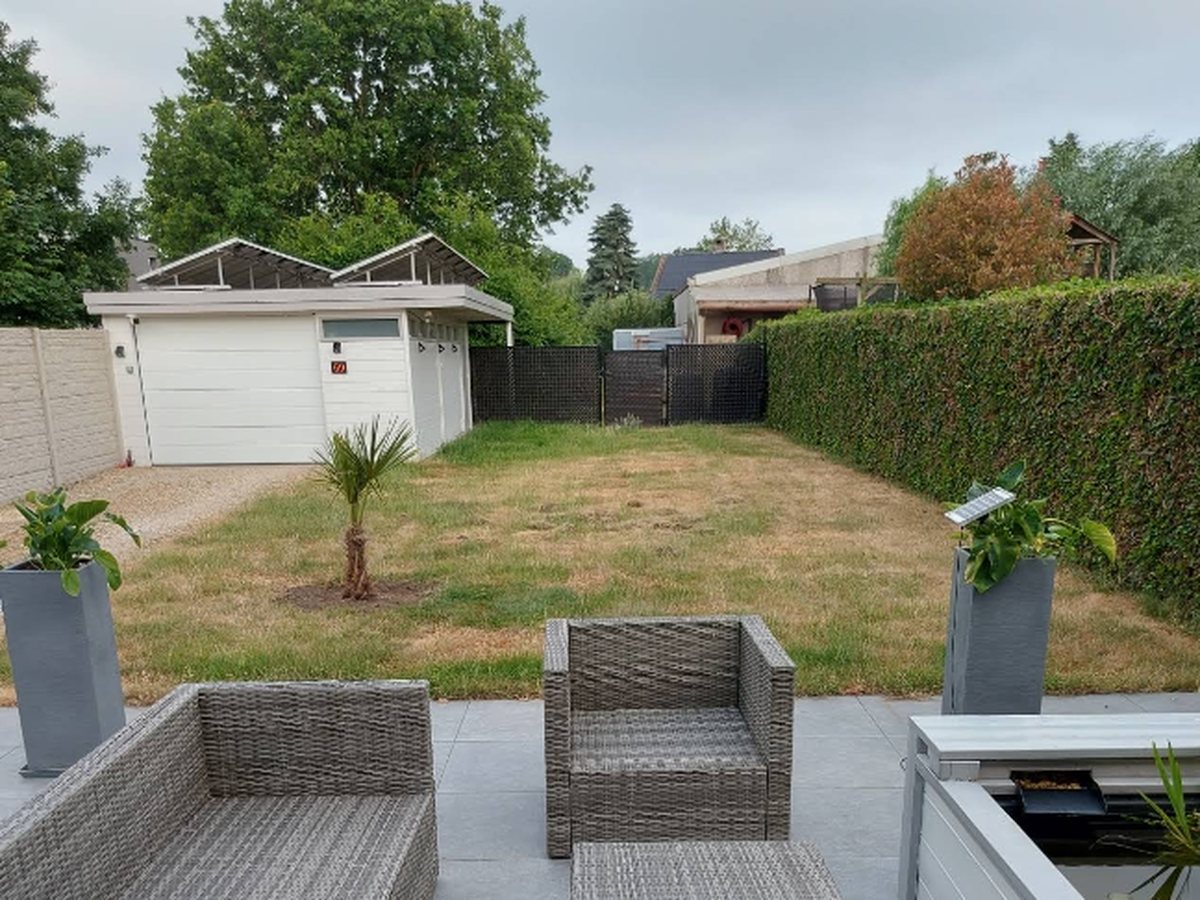 Verdroogd natuurgazon met kale plekken tussen terras en garage