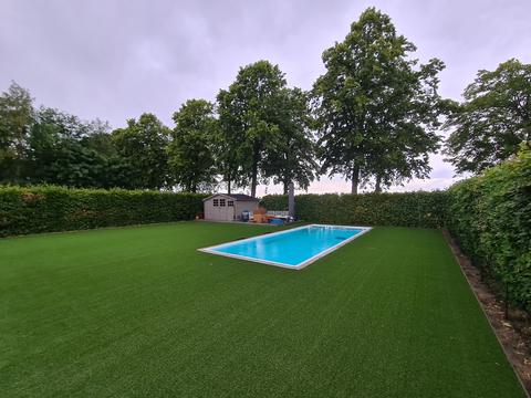 Groot kunstgrasvlak rond een zwembad met tuinhuis en beukenhaag in Steenokkerzeel