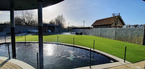 Dezelfde ronde koivijver vanuit een andere hoek, met kunstgras tot tegen de boordsteen en glazen hekjes