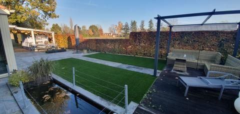 Tuin met vijver, twee vlakken kunstgras, een terras met pergola en een beukenhaag in herfstkleur