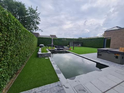 Tuin met zwemvijver, kunstgras langs beide zijden, een jacuzzi en een hoge haag