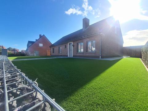 Jardin de façade avec gazon artificiel autour d&rsquo;une maison, à Zulte